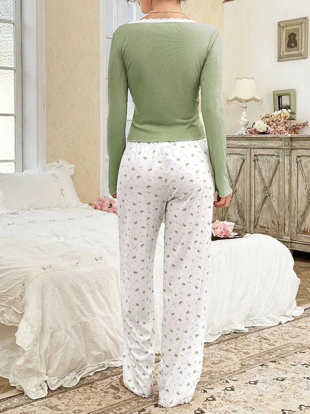Ribbed Henley Pajama Set with Crown Print - View 25 | WEUXS