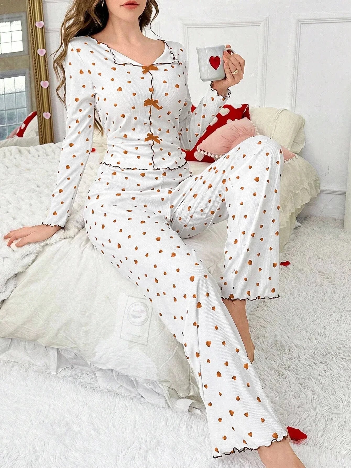 Ribbed pajama set with heart print and decorative bows - View 13 | WEUXS
