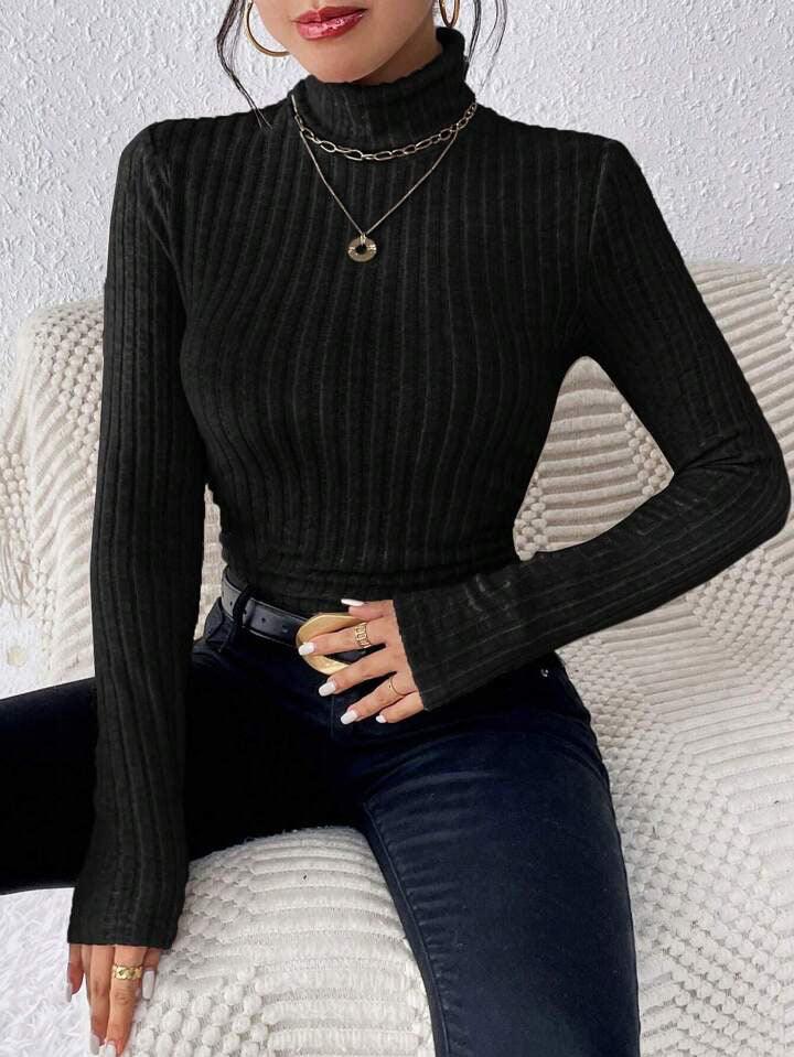 Black ribbed turtleneck top - View 8 | WEUXS