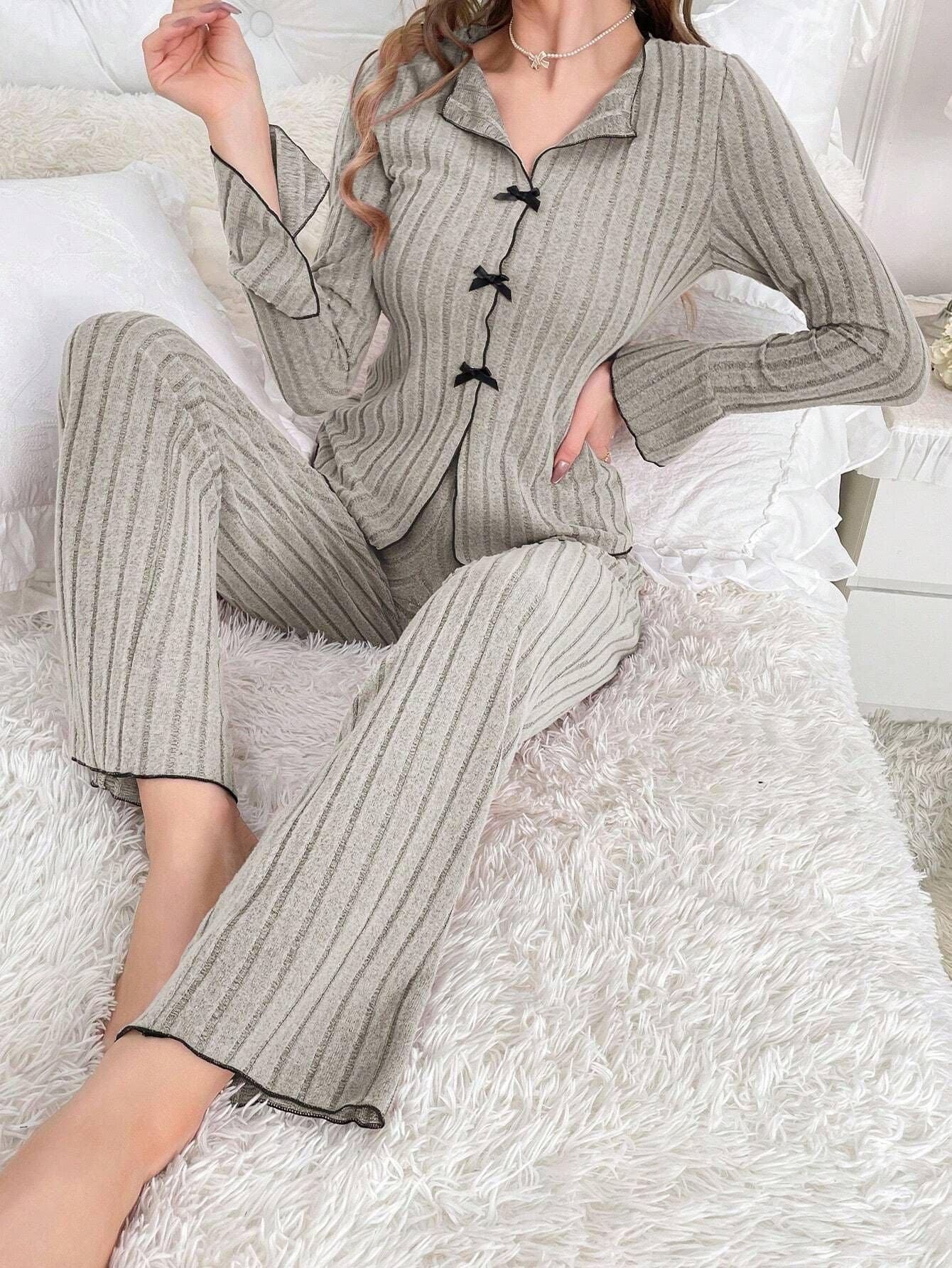 Ribbed pajama set with bow details - View 15 | WEUXS