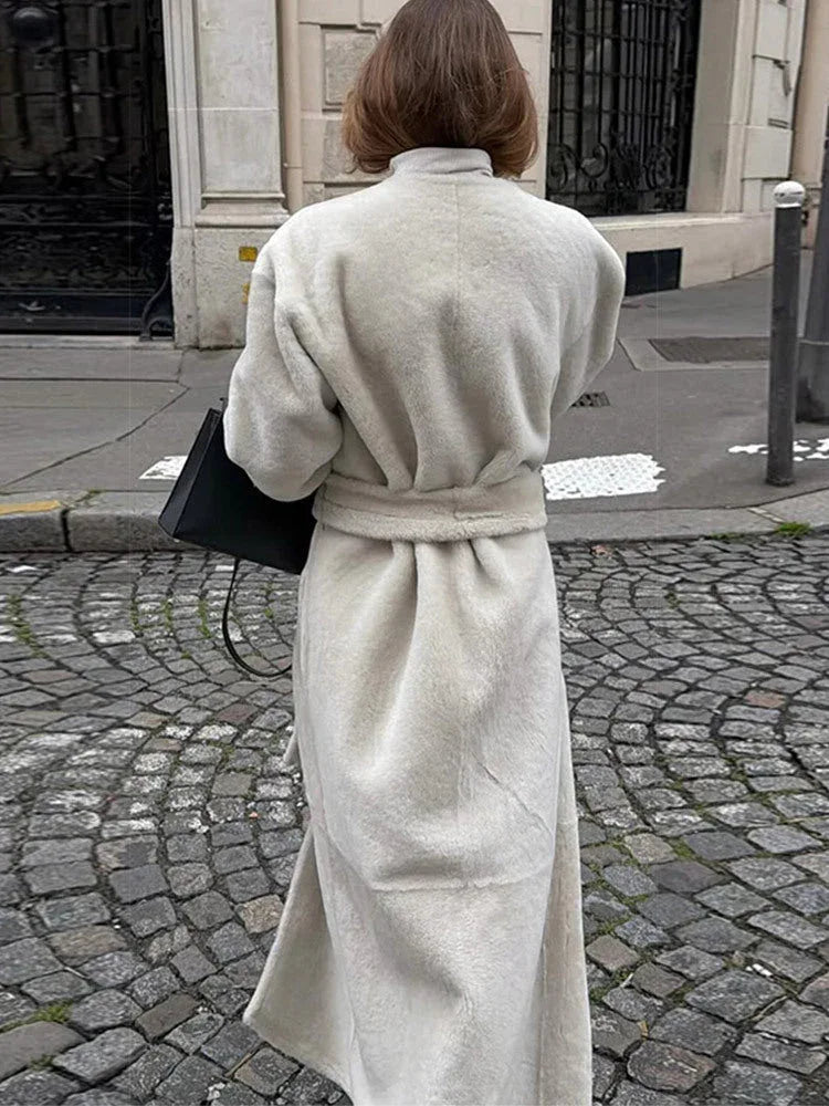 Majestic Cream Belted Faux Fur Long Coat - View 12 | WEUXS