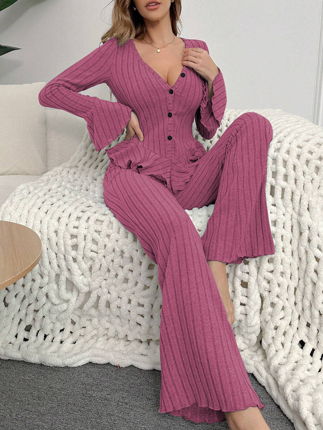 Elegant Ribbed Peplum Lounge Set