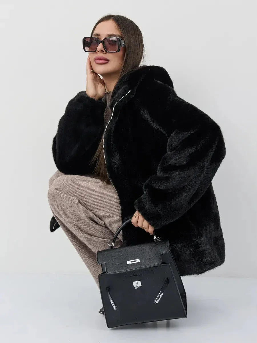 Midnight Velvet Faux Mink Zip-Up Coat - WEUXS