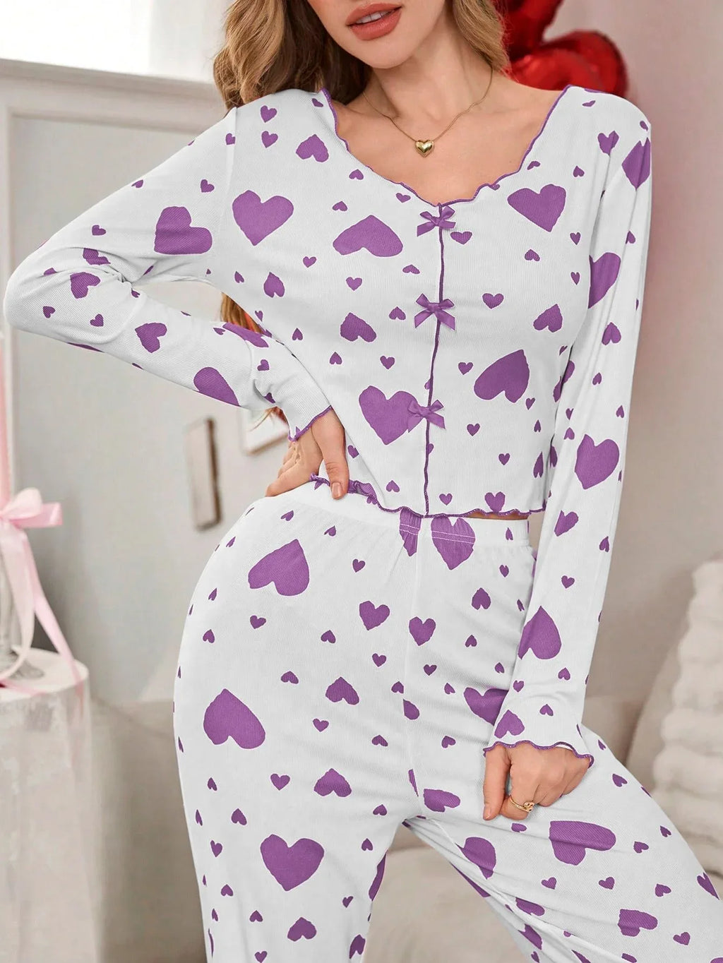 Ribbed heart print pajama set - View 34 | WEUXS