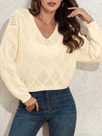 Close-up of the diamond pointelle pattern on a cream sweater