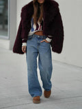 Vamp Burgundy Shaggy Faux Fur Cropped Jacket - WEUXS