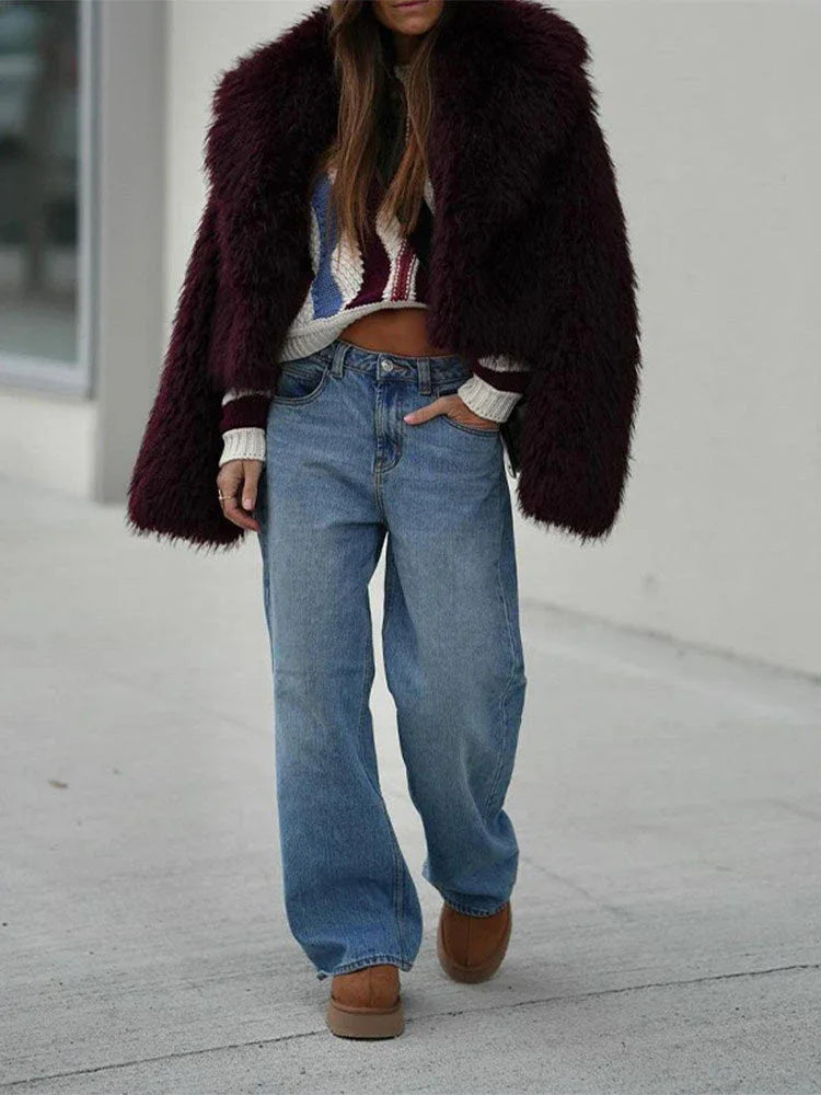 Vamp Burgundy Shaggy Faux Fur Cropped Jacket - WEUXS