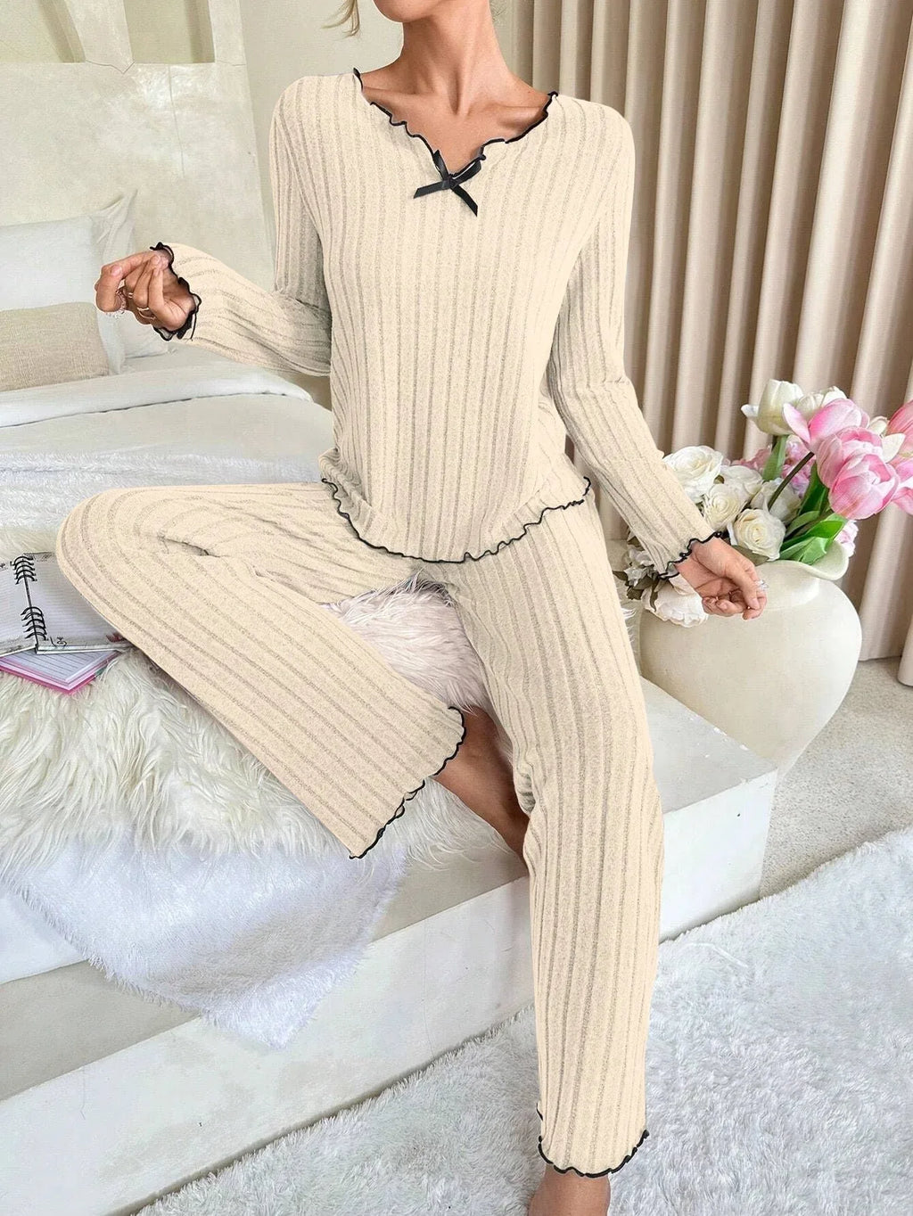 Ribbed Pajama Set with Contrast Trim and Bow - View 6 | WEUXS