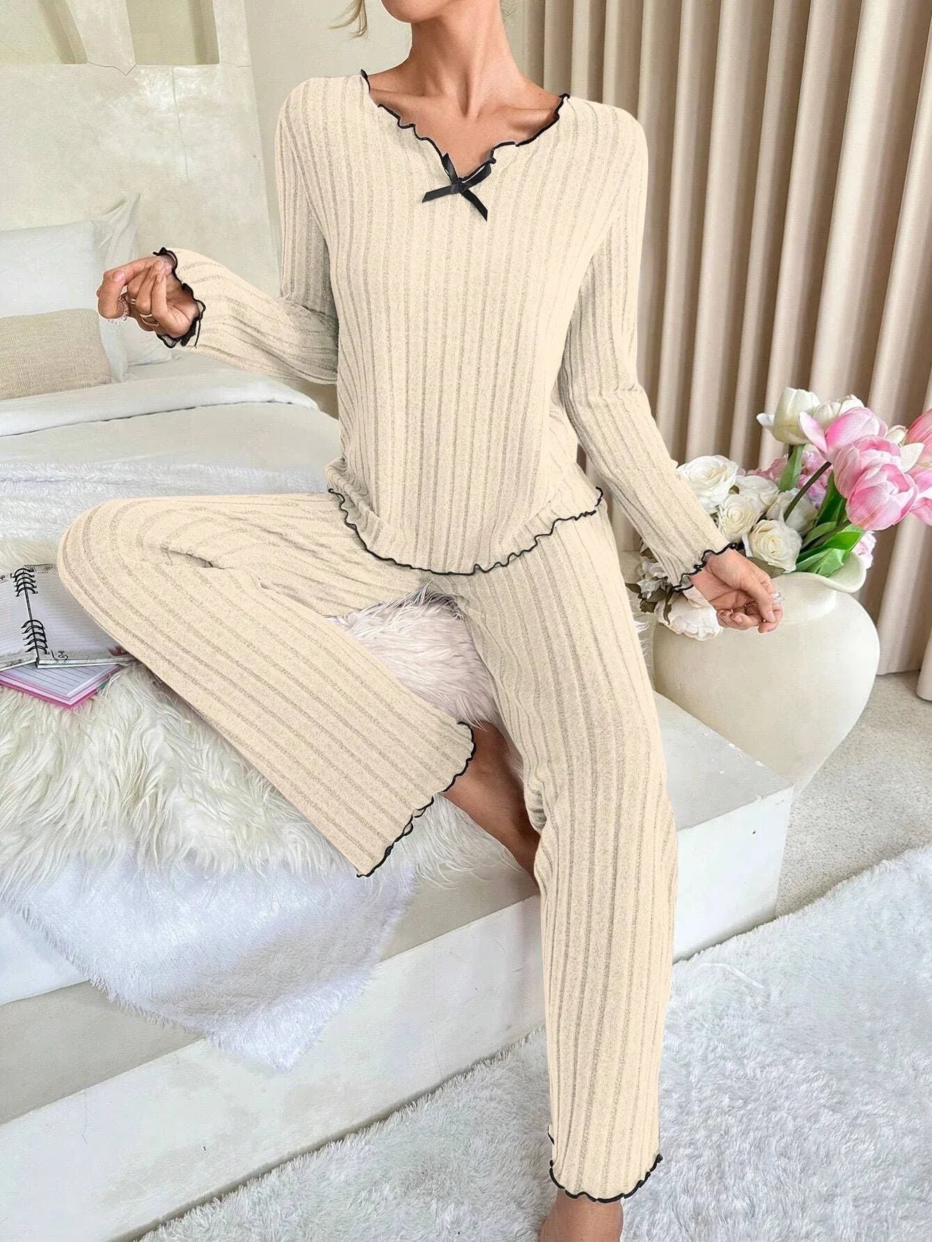Ribbed Pajama Set with Contrast Trim and Bow - View 6 | WEUXS