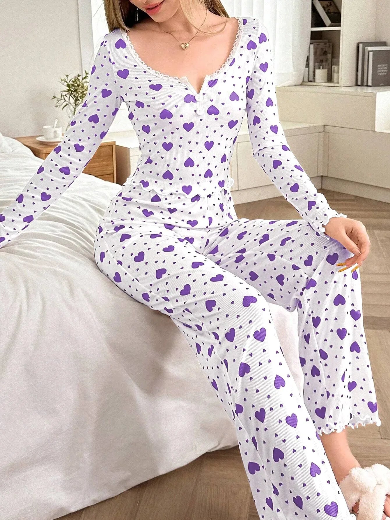 Ribbed Heart Print Pajama Set - View 42 | WEUXS