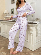 Ribbed Pajama Set with Bow Print - View 19 | WEUXS