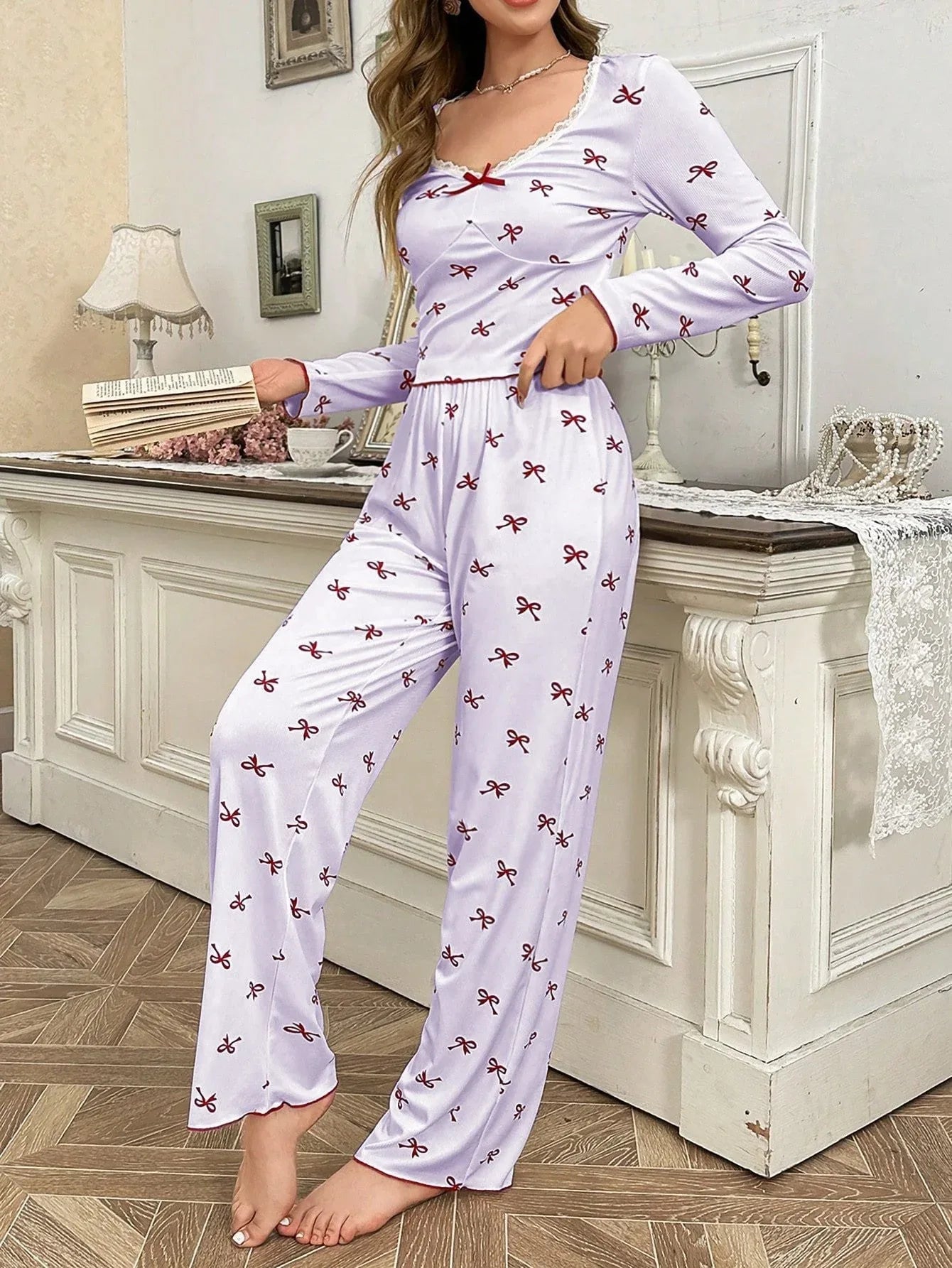 Ribbed Pajama Set with Bow Print - View 19 | WEUXS