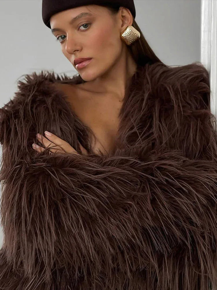 Luxe Espresso Shaggy Faux Fur Long Coat - View 9 | WEUXS