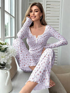 Ribbed floral pajama set with henley neckline and wide-leg pants - View 18 | WEUXS