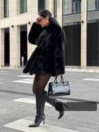 Mid-length faux fur coat with belted waist and lapel collar - View 12 | WEUXS