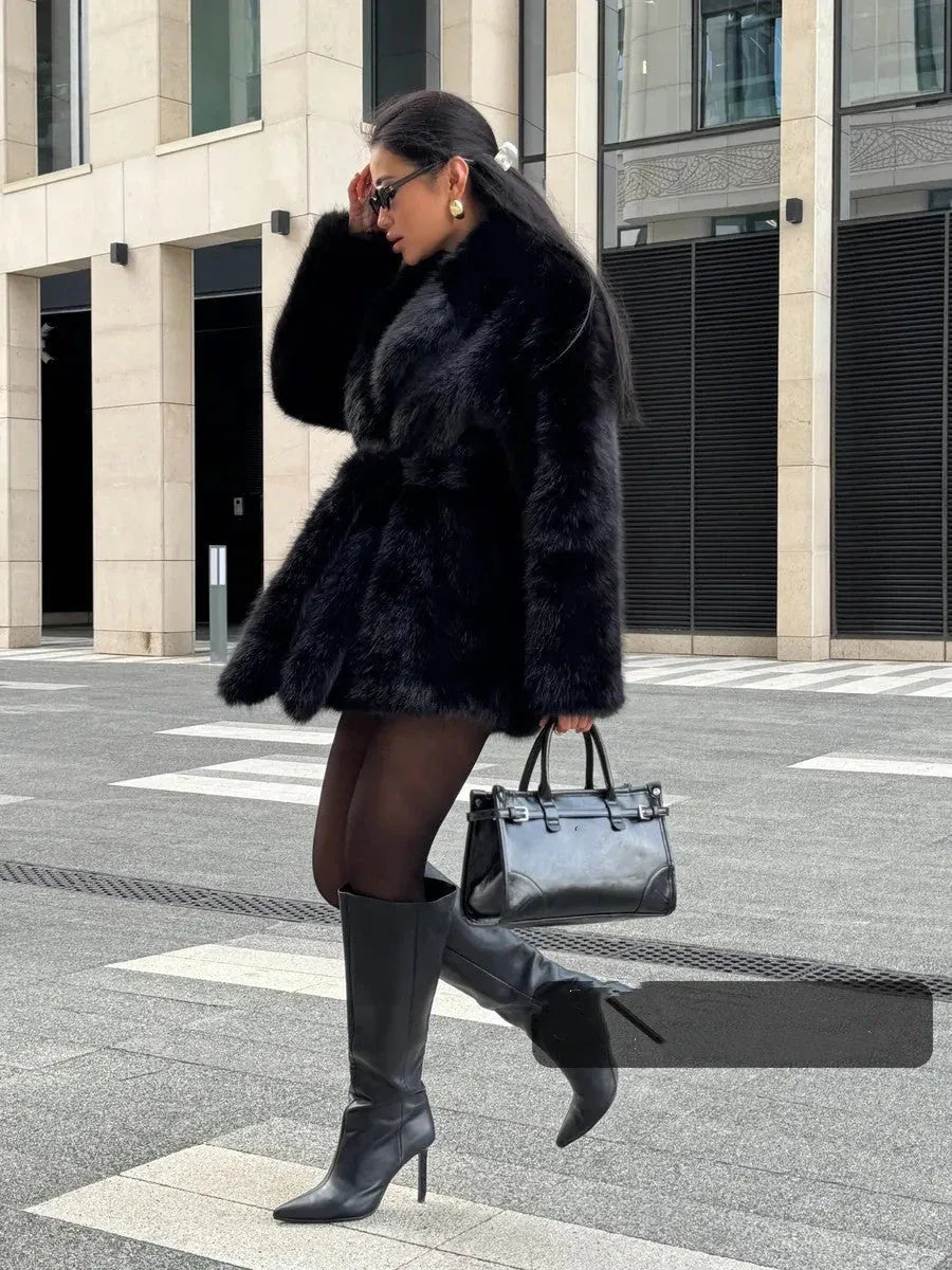 Mid-length faux fur coat with belted waist and lapel collar - View 12 | WEUXS