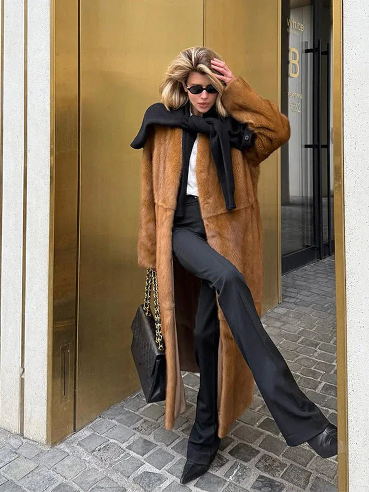 Opulent Caramel Faux Mink Maxi Coat - WEUXS