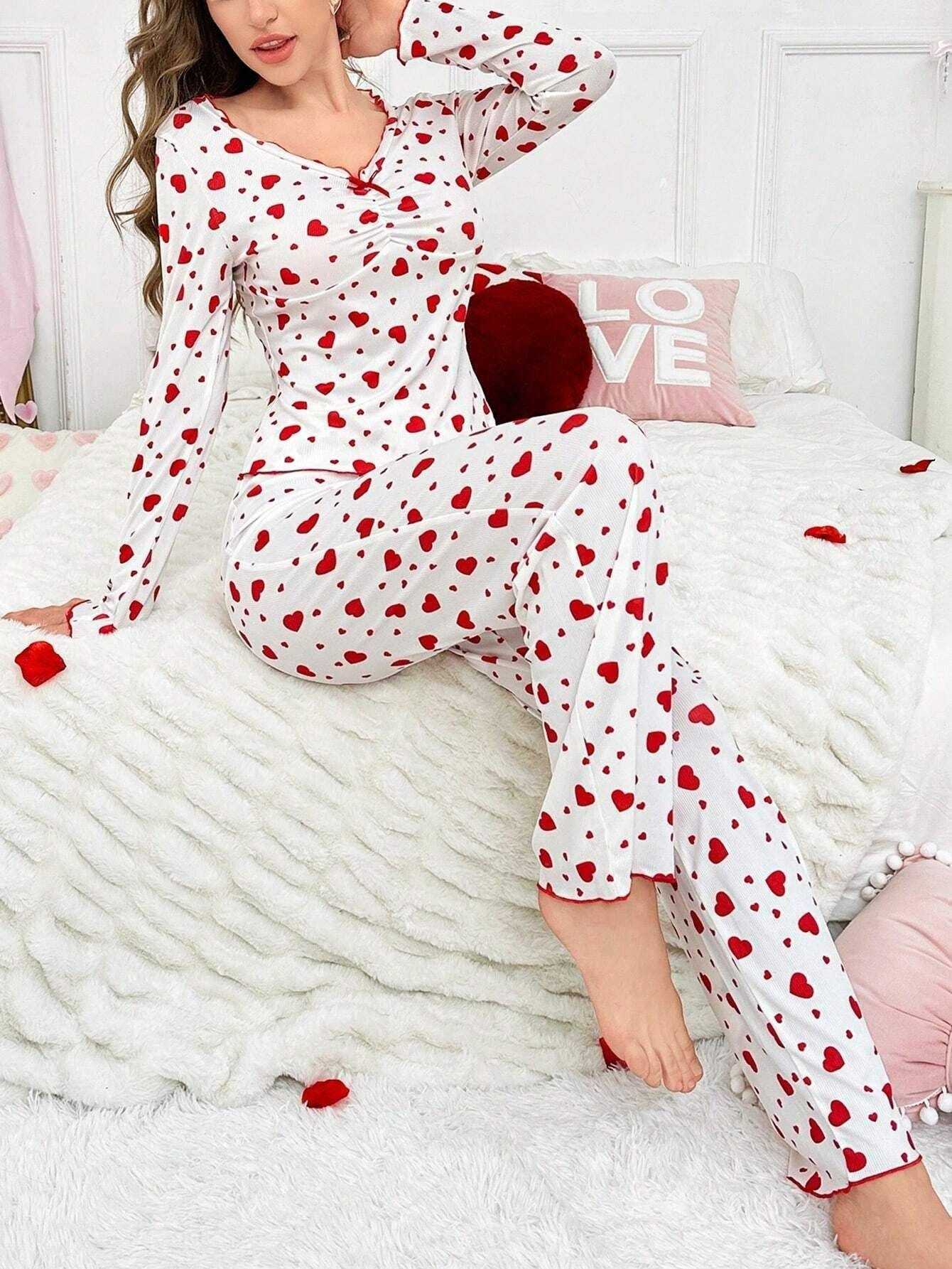 Ribbed Heart Print Pajama Set - View 15 | WEUXS