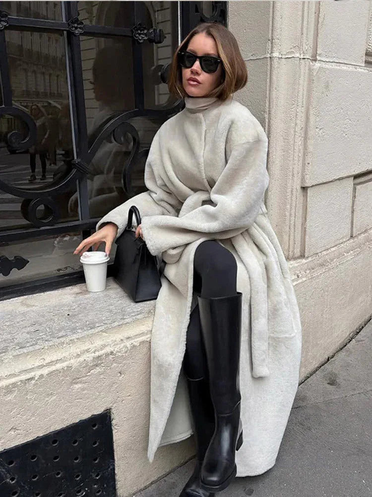 Majestic Cream Belted Faux Fur Long Coat - View 11 | WEUXS
