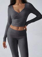 V-Neck Knit Crop Top and Flare Pants Set - View 30 | WEUXS