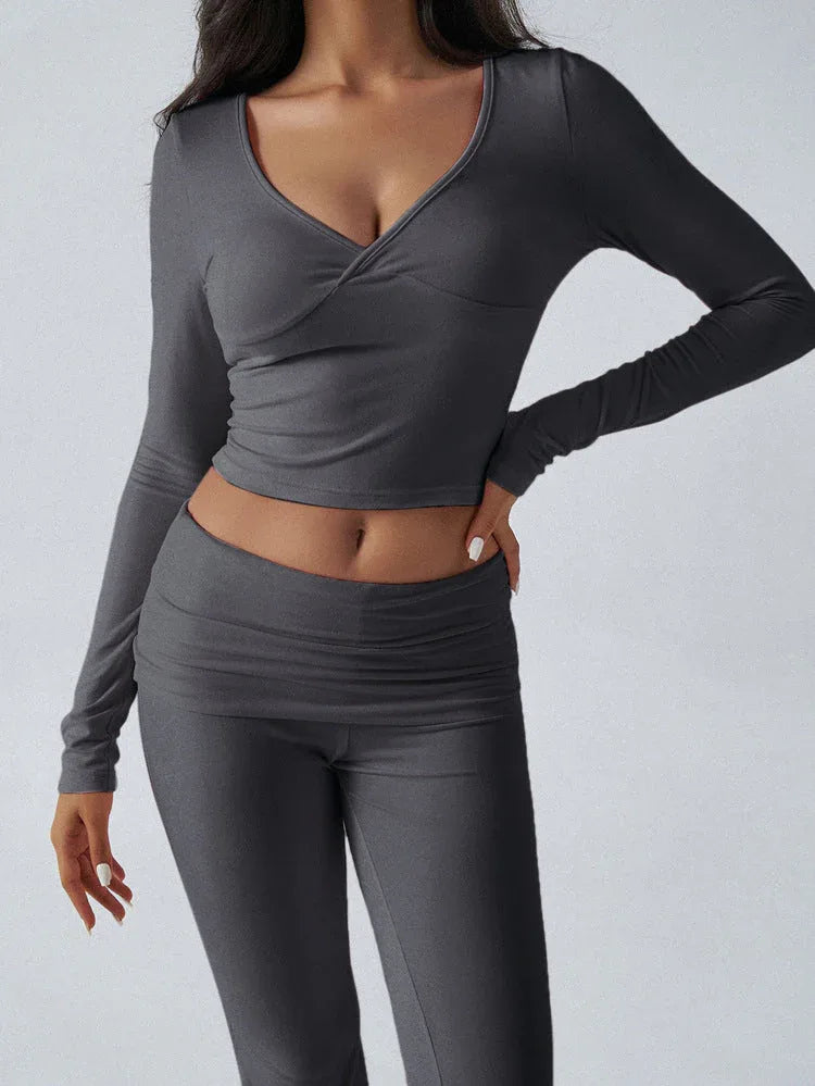 V-Neck Knit Crop Top and Flare Pants Set - View 30 | WEUXS