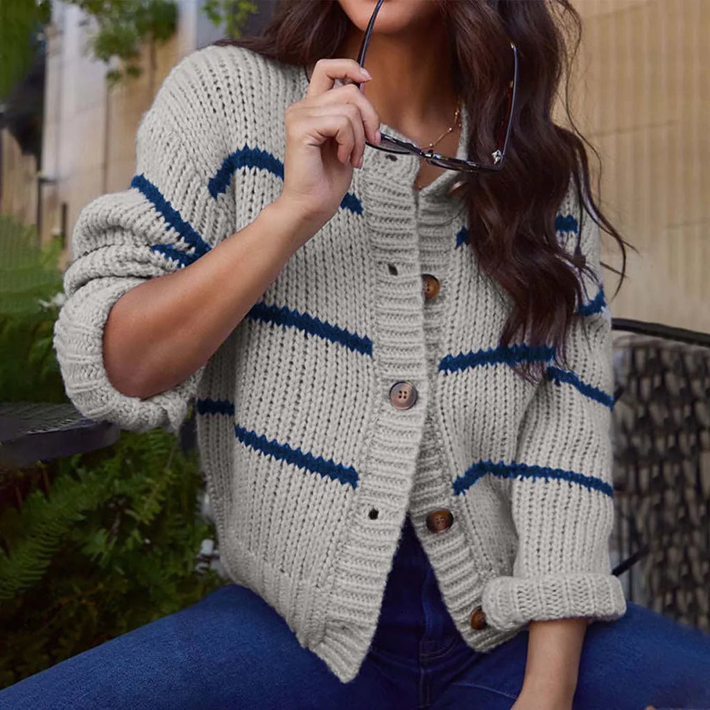 Classic Striped Crew Neck Cardigan - View 7 | WEUXS
