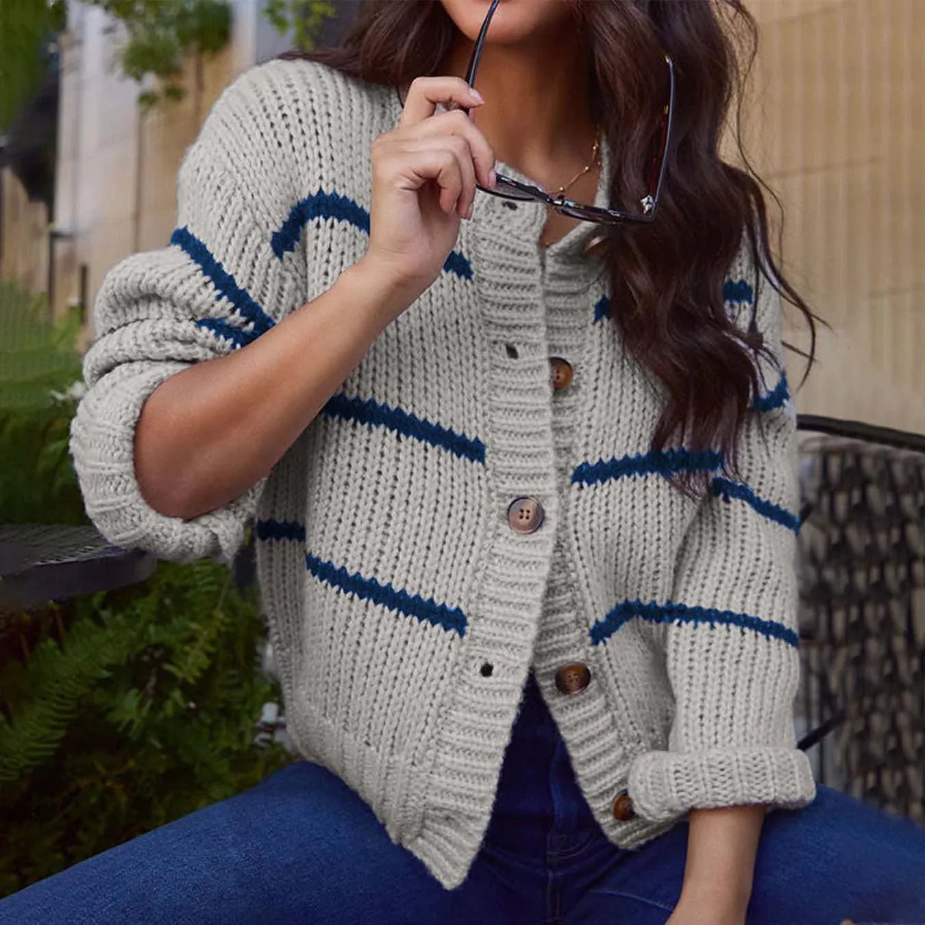 Classic Striped Crew Neck Cardigan - View 7 | WEUXS