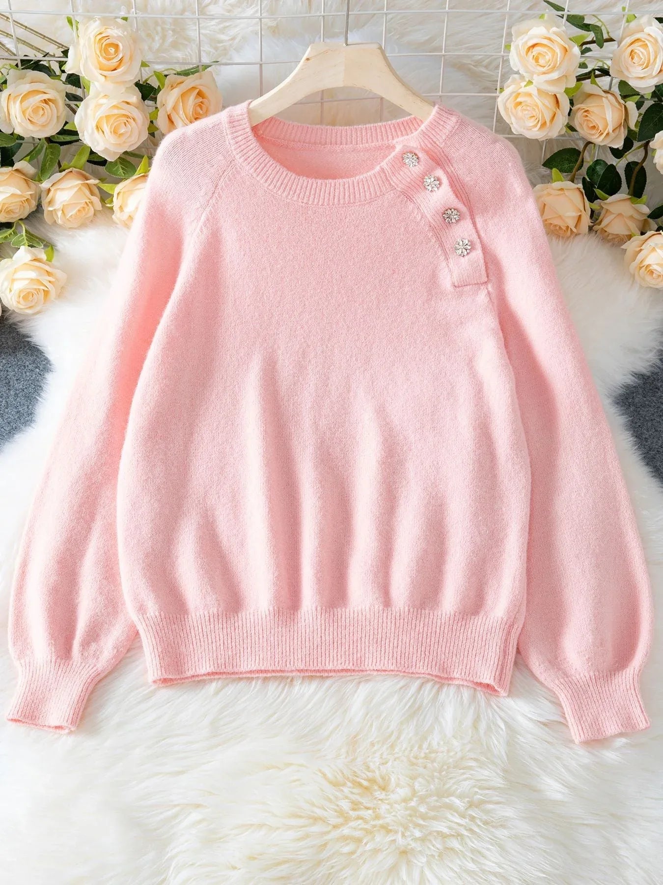Pink jeweled button raglan sweater - View 6 | WEUXS