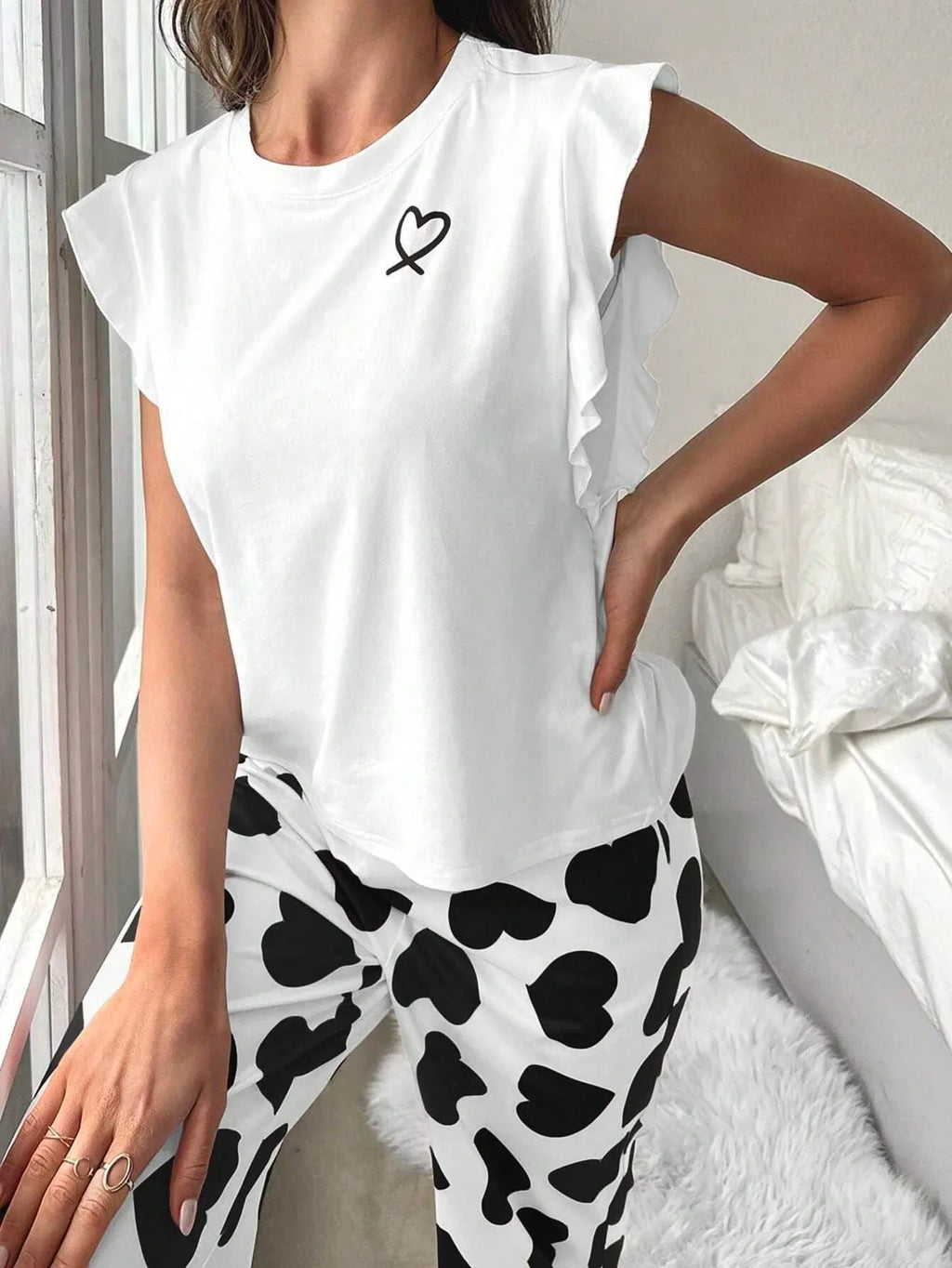 Heart Print Pajama Set with Ruffle Sleeves - View 9 | WEUXS