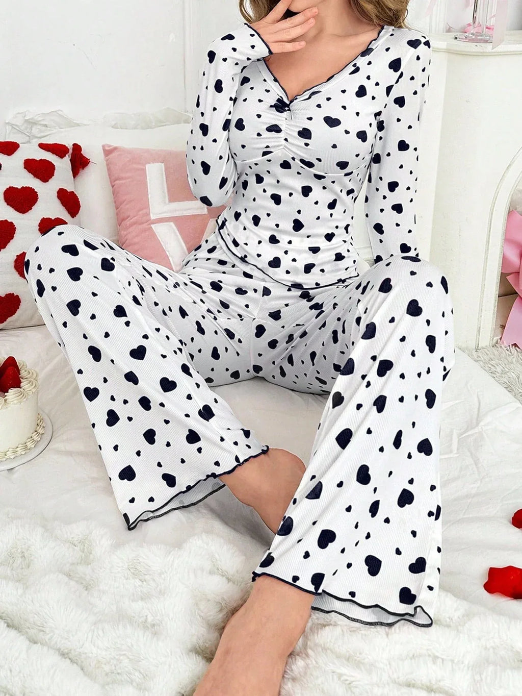 Ribbed Heart Print Pajama Set - View 10 | WEUXS