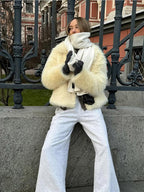 Light yellow cropped faux fur jacket with wide notch lapel - View 10 | WEUXS