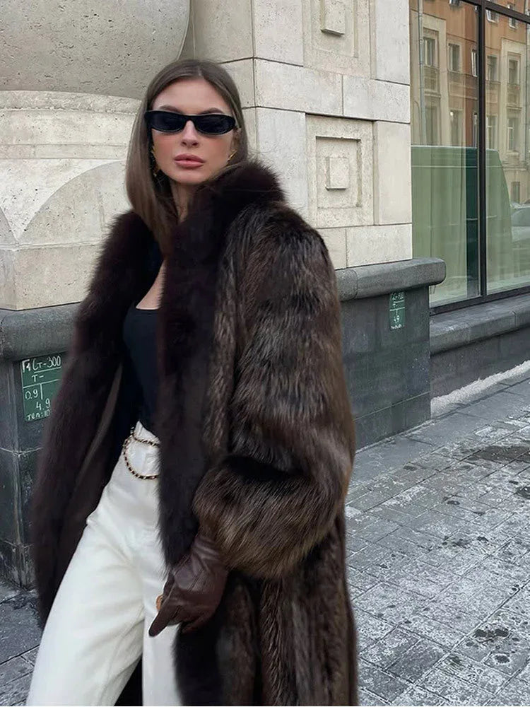 Long espresso faux fur coat with wide lapels - View 8 | WEUXS