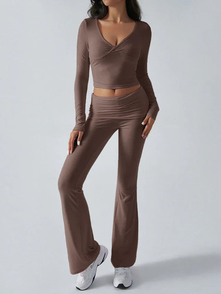 V-Neck Crop Top and Fold-Over Flare Pants Set - View 16 | WEUXS