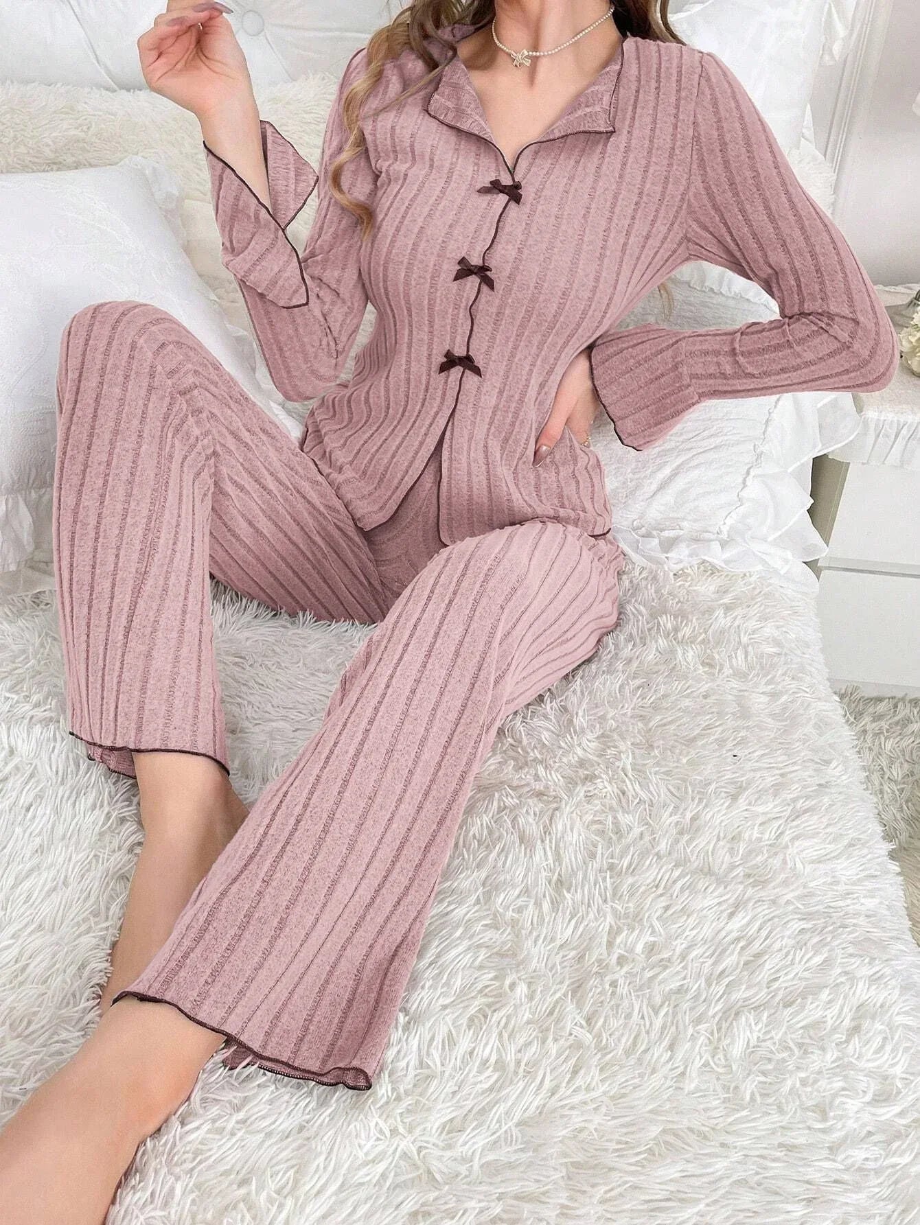 Ribbed pajama set with bow details - View 21 | WEUXS