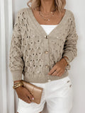 Beige knit cardigan with hollow out pattern and gold buttons - View 7 | WEUXS