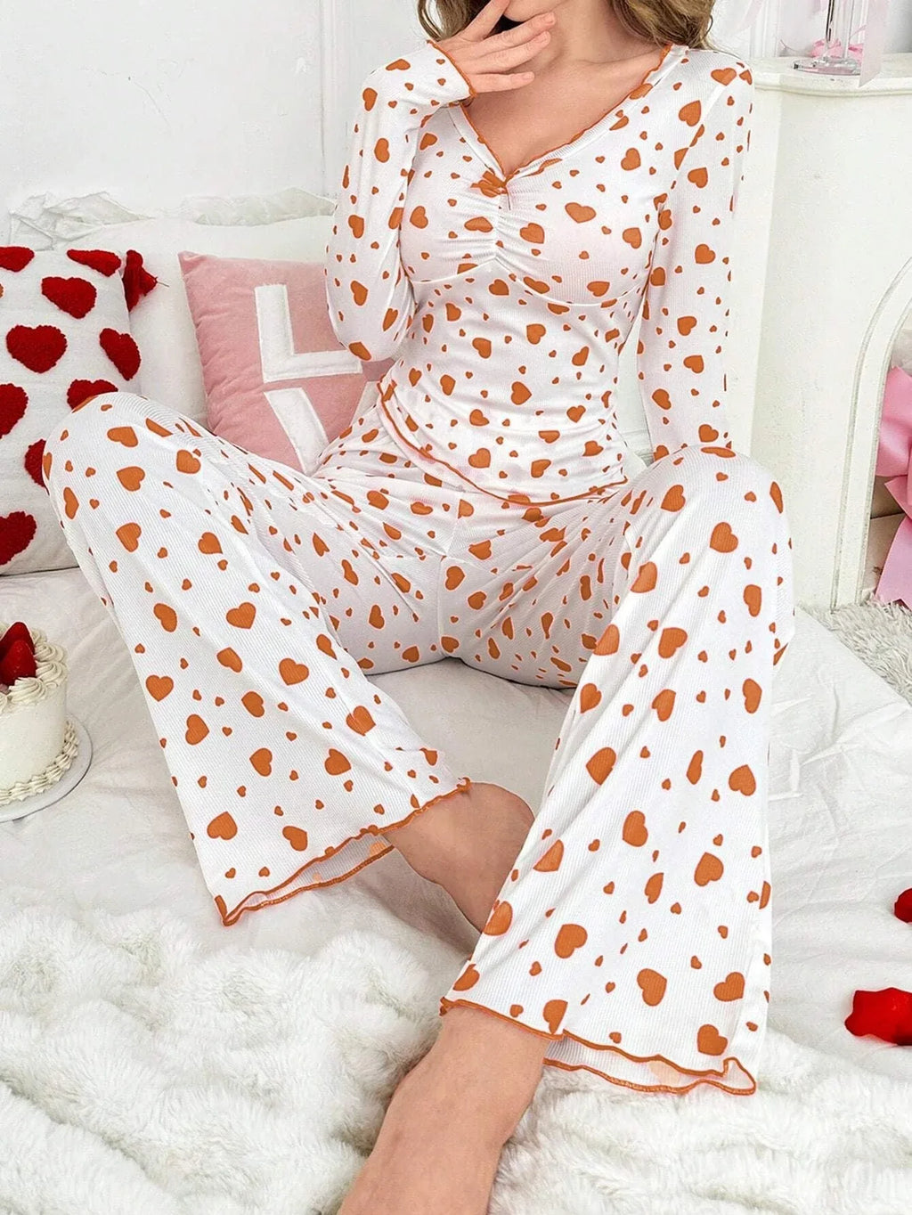 Ribbed Heart Print Pajama Set - View 23 | WEUXS