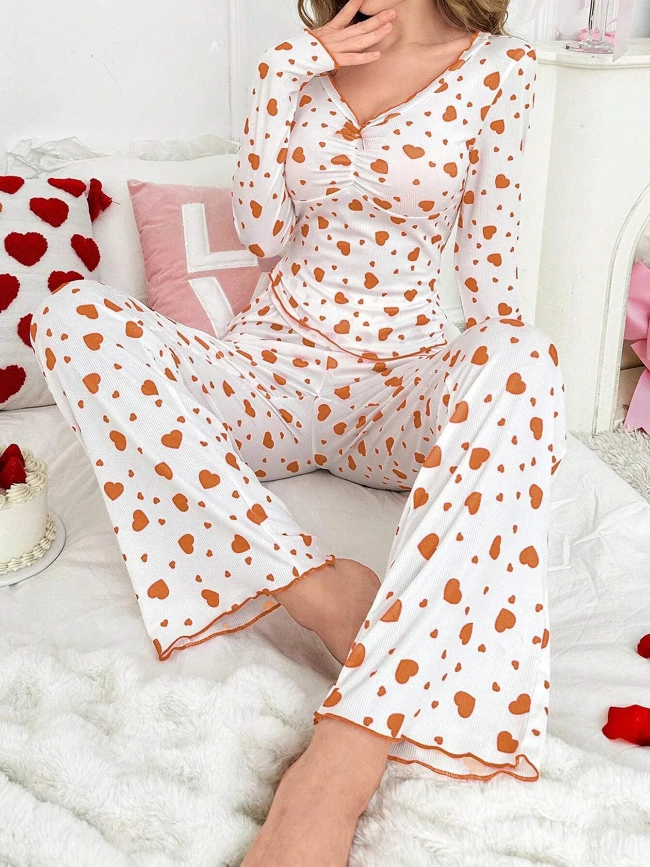 Ribbed Heart Print Pajama Set - View 23 | WEUXS