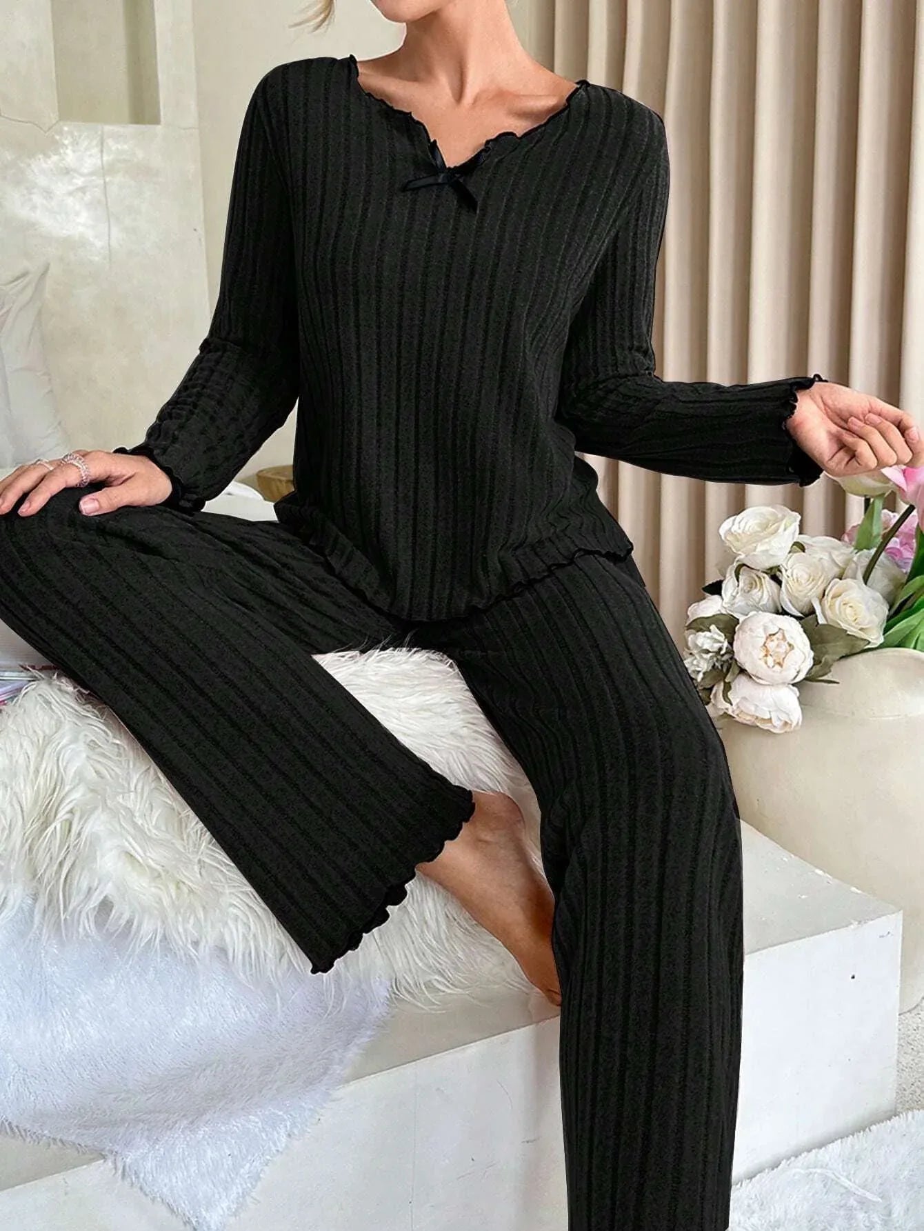 Ribbed Pajama Set with Contrast Trim and Bow - View 14 | WEUXS