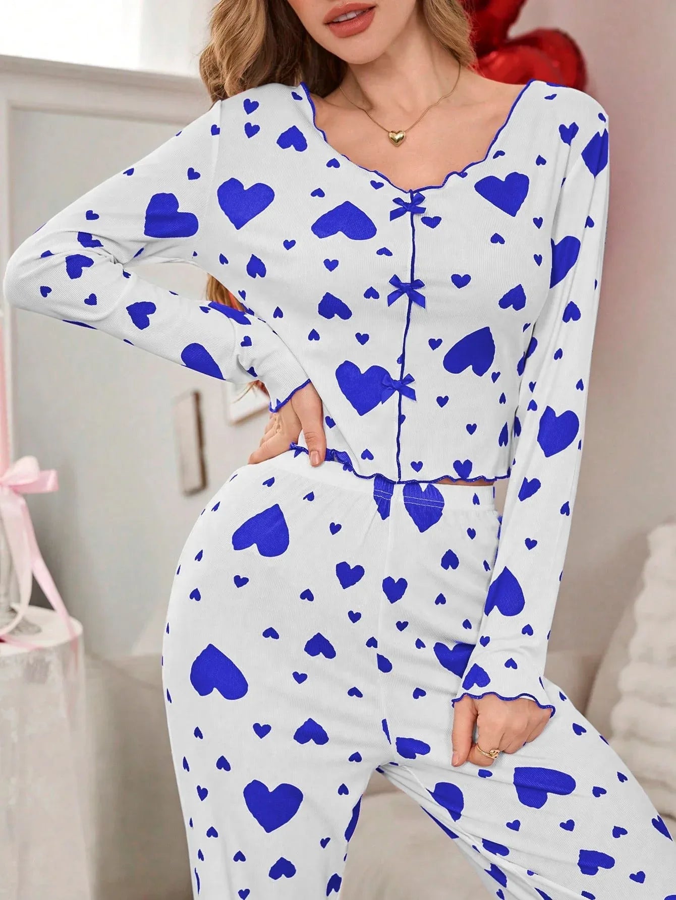 Ribbed heart print pajama set - View 28 | WEUXS
