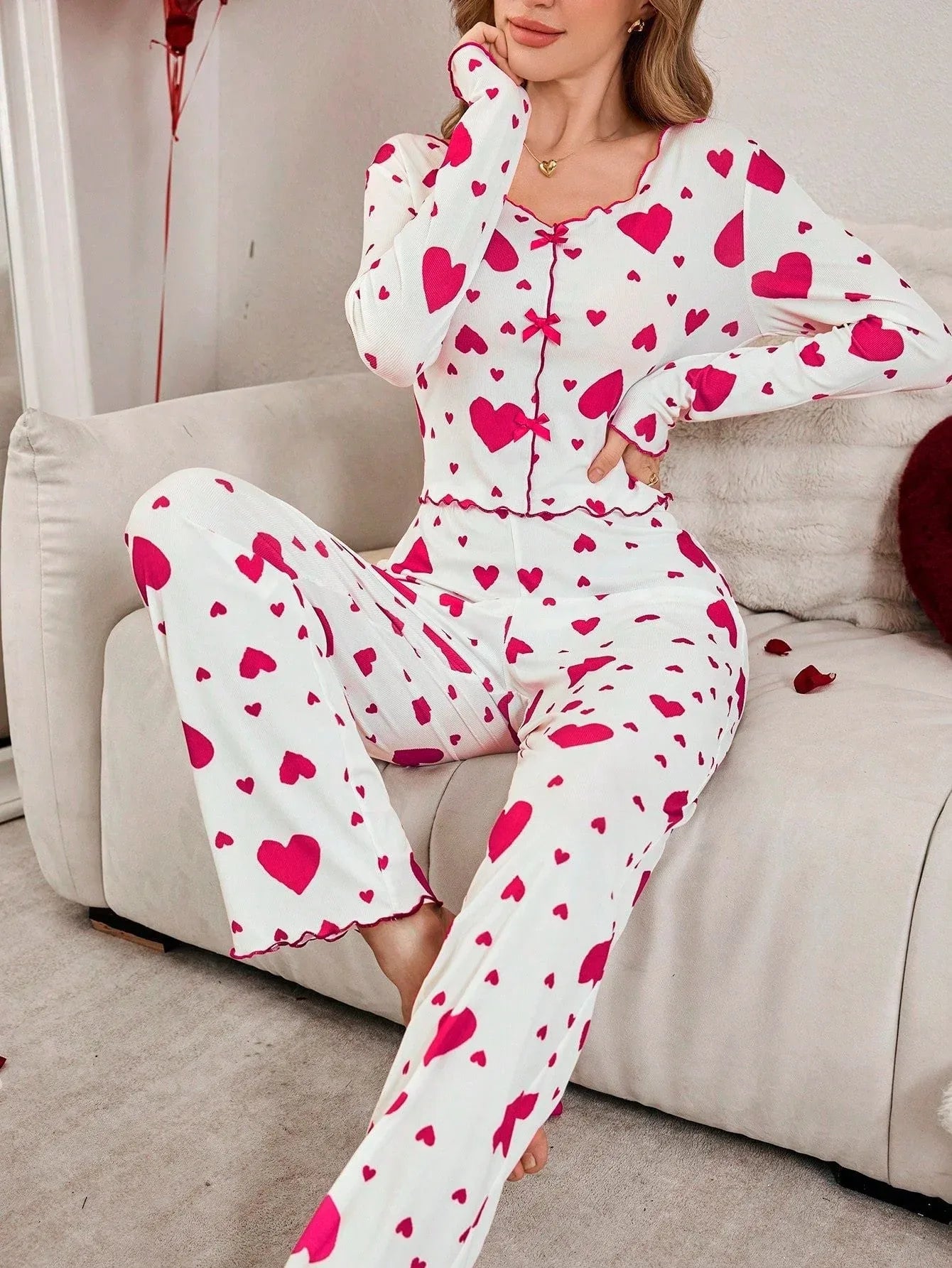 Ribbed heart print pajama set - View 12 | WEUXS