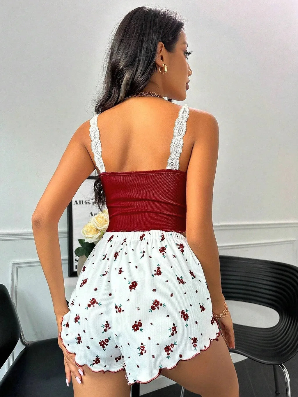 Lace Trim Cami and Shorts Loungewear Set - View 6 | WEUXS