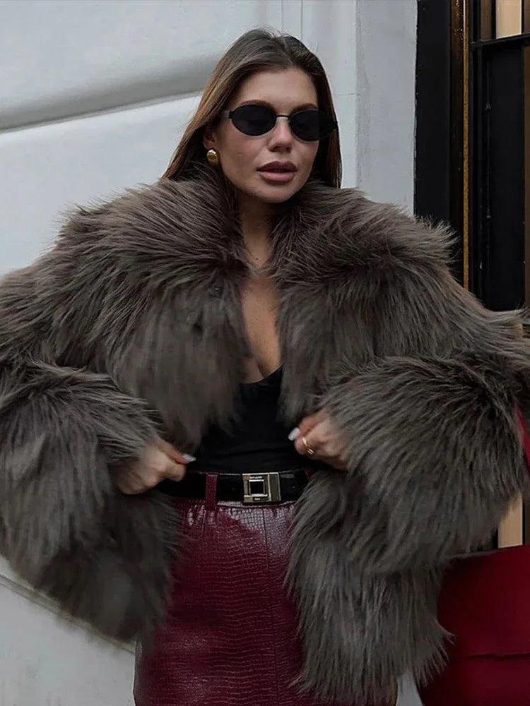 Dark Taupe Shaggy Faux Fur Cropped Jacket - View 6 | WEUXS