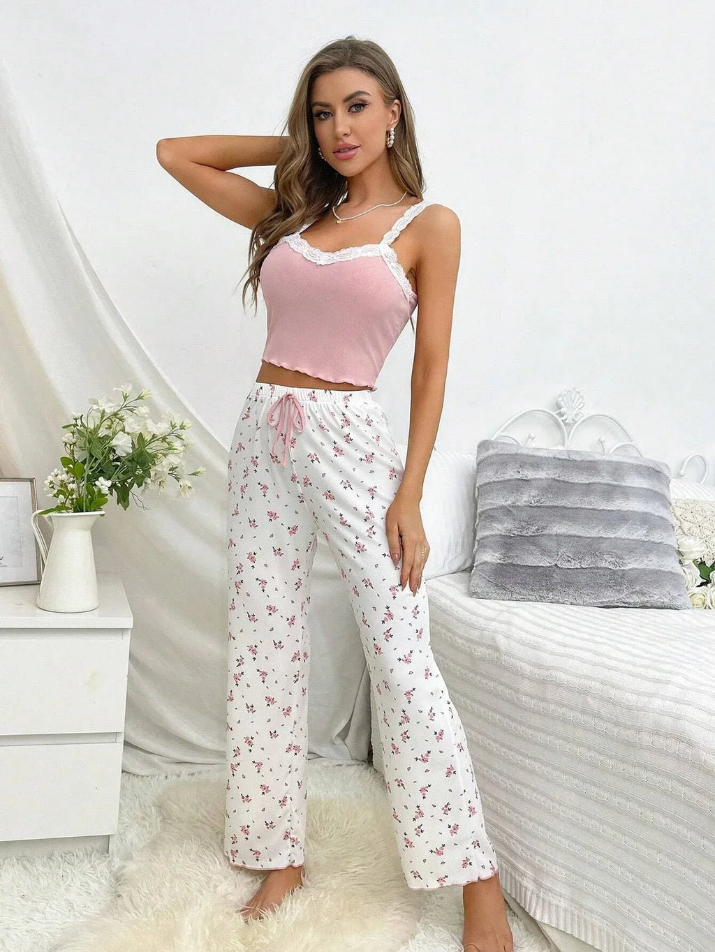 Pink Ribbed Cami & Floral Pants Pajama Set - WEUXS