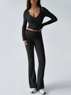 V-Neck Crop Top and Fold-Over Flare Pants Set - View 39 | WEUXS