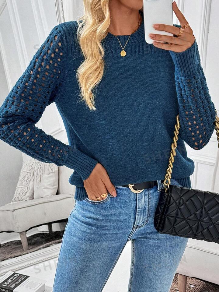 Hollow Sleeve Crew Neck Knit Sweater - View 6 | WEUXS