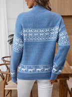 Back view of a blue Nordic snowflake mock neck sweater