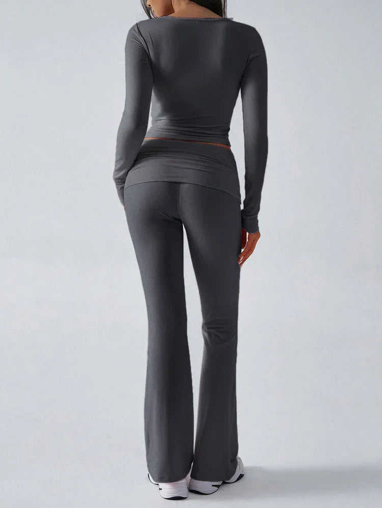 V-Neck Knit Crop Top and Flare Pants Set - View 26 | WEUXS