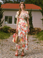 French Style Floral Print Midi Dress