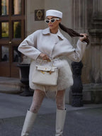 White wool blend coat with faux fur trim - View 10 | WEUXS