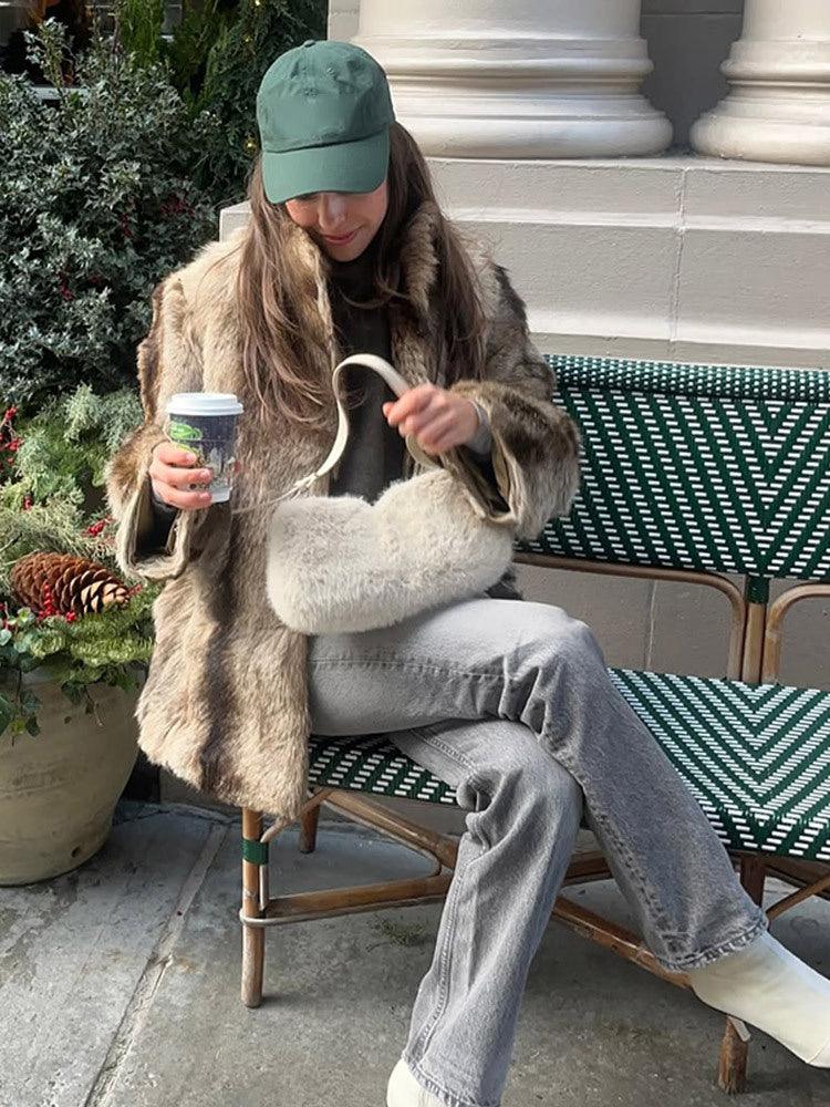 Vintage Natural Stripe Faux Fur Jacket - WEUXS